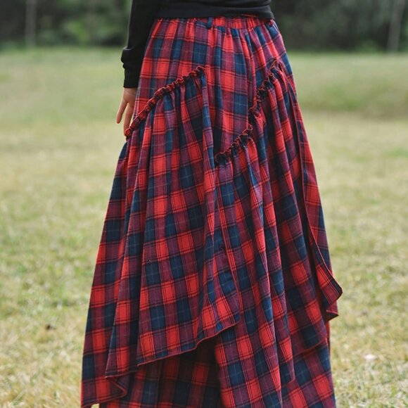 Red Casual Women's Plaid Asymmetric Hem 3d Floral Decor Skirt - Picture 3 of 5
